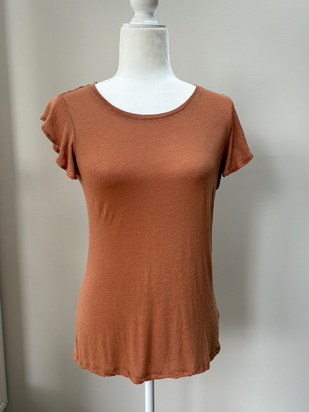 Workshop Republic Clothing Short Flutter Sleeve Rust Orange Linen Blend Top